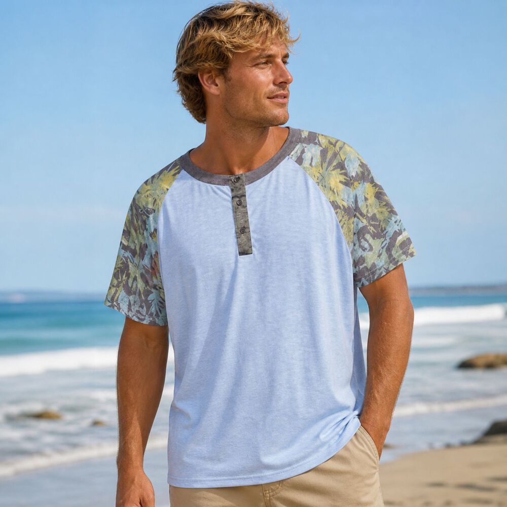 Marx & Dutch Mens XL Blue Surfer Shirt Hawaiian Short Sleeve Henley Short Sleeve